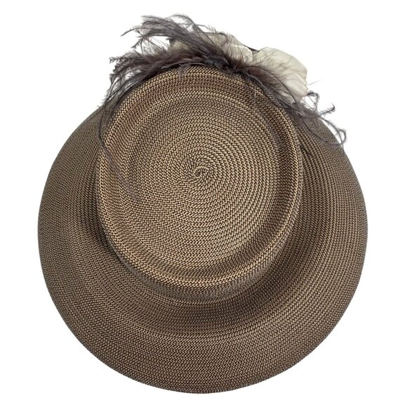 Preston York Beige Straw Kentucky Derby Dress Hat w/ Feathers + Ribbon Flowers